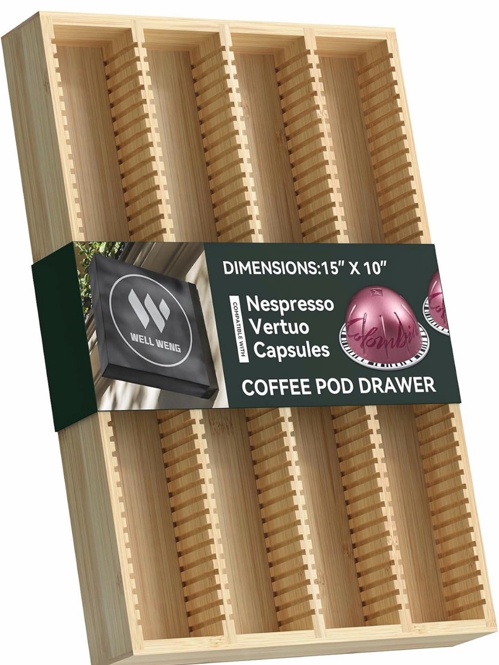 Amazon Bamboo Coffee Vertuo Nespresso Pod Drawer Organizer - Natural Wood